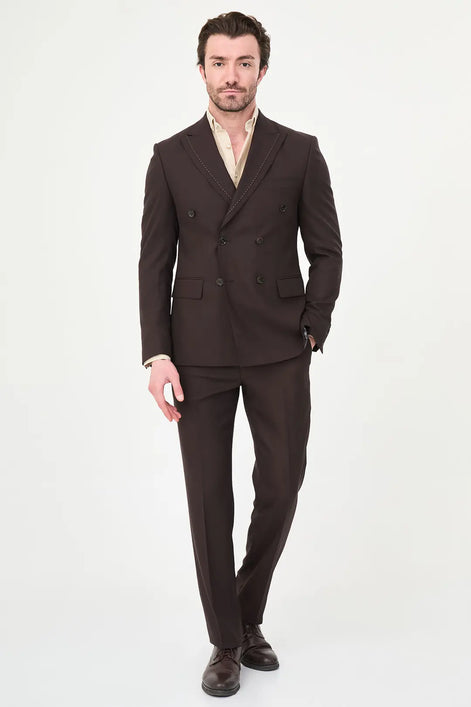 Men's Brown Double-Breasted Slim Fit Suit