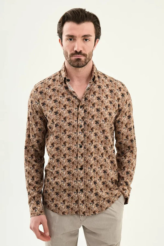 Men's Brown Slim Fit Floral Print Shirt