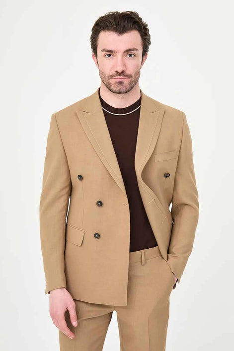 Men's Camel Double-Breasted Slim Fit Suit