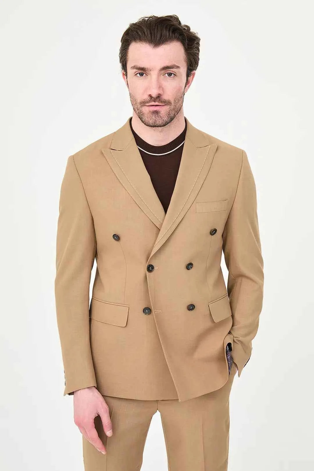 Men's Camel Double-Breasted Slim Fit Suit