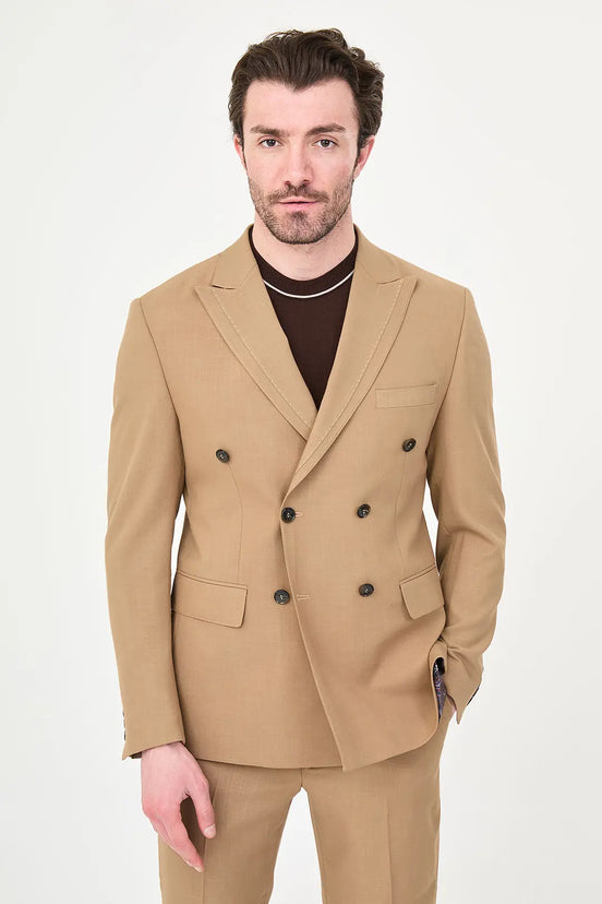 Men's Camel Double-Breasted Slim Fit Suit
