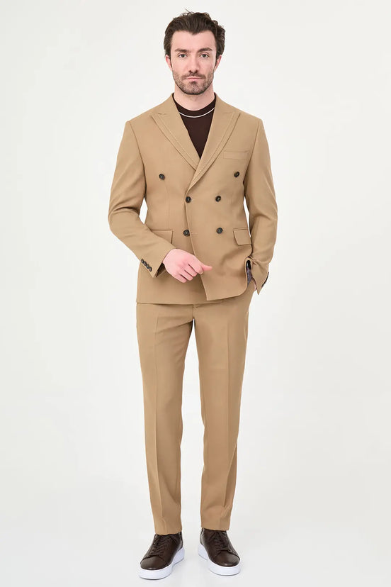 Men's Camel Double-Breasted Slim Fit Suit