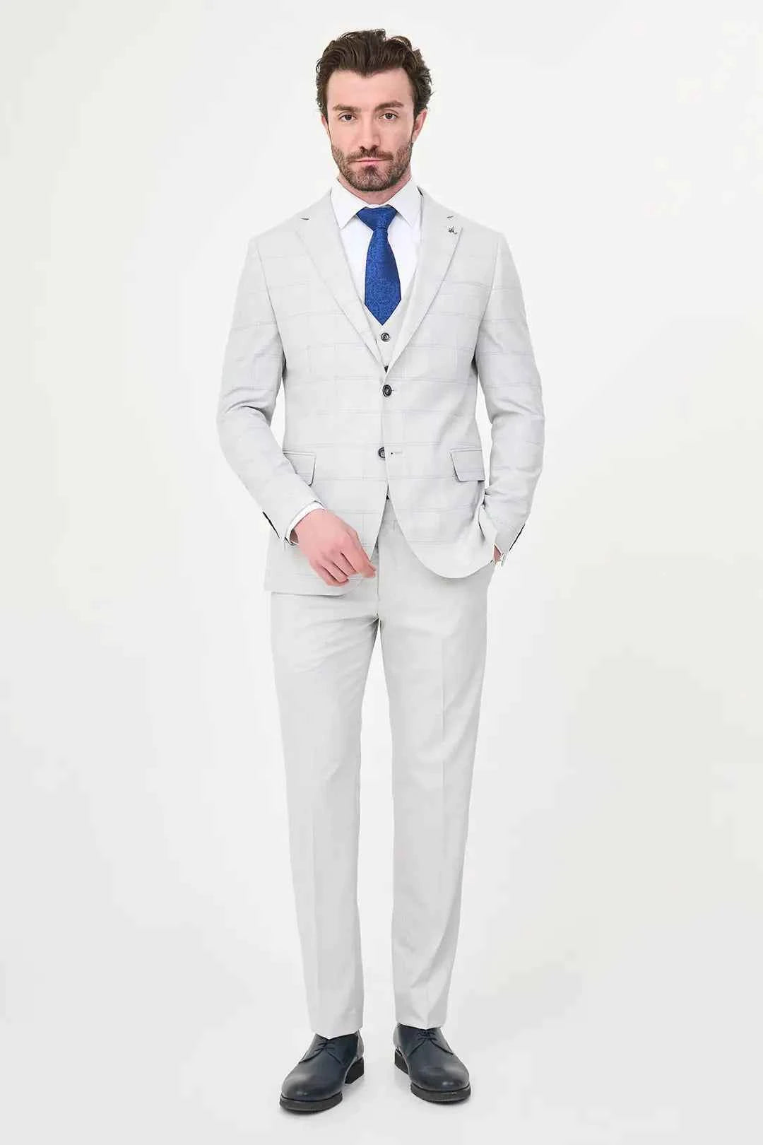 Men's Gray Check Three-Piece Slim Fit Suit