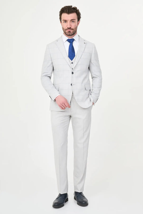 Men's Gray Check Three-Piece Slim Fit Suit
