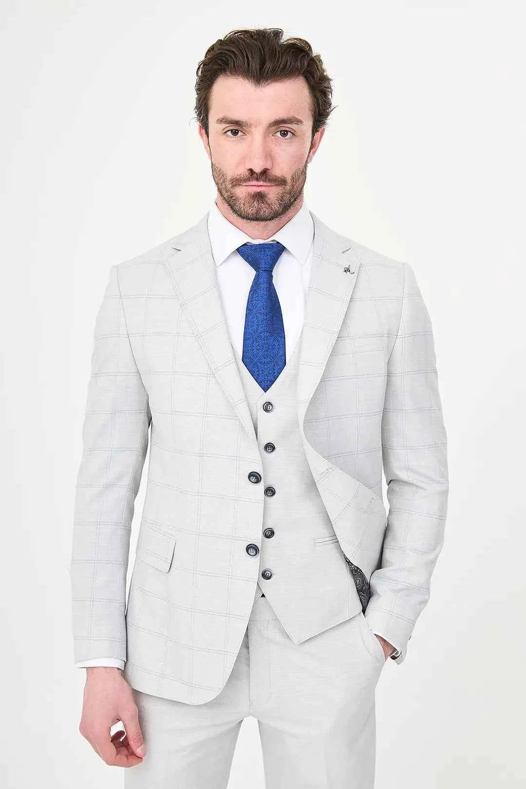 Men's Gray Check Three-Piece Slim Fit Suit