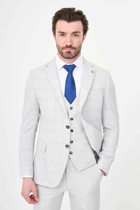 Men's Gray Check Three-Piece Slim Fit Suit
