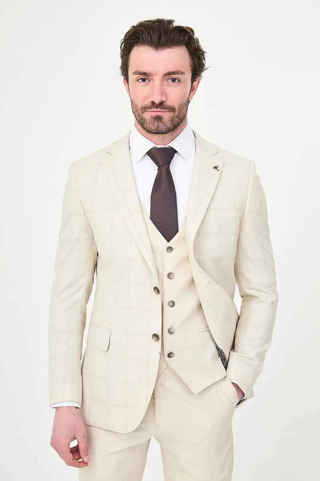 Men's Off White Check Three-Piece Slim Fit Suit