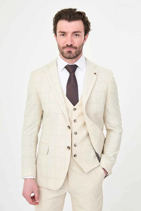 Men's Off White Check Three-Piece Slim Fit Suit