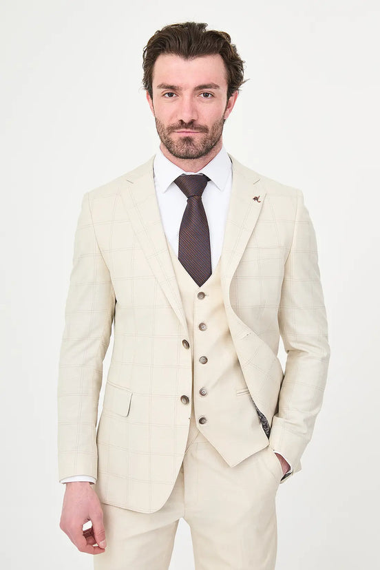 Men's Cream Off White Check Three-Piece Slim Fit Suit 