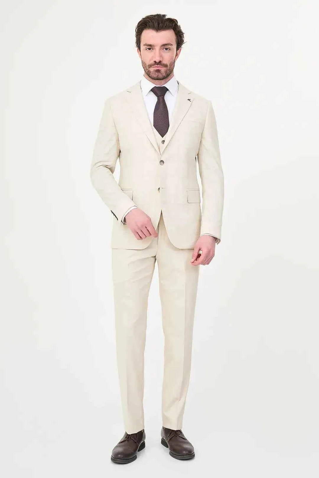 Men's Off White Check Three-Piece Slim Fit Suit