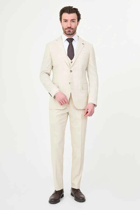 Men's Off White Check Three-Piece Slim Fit Suit
