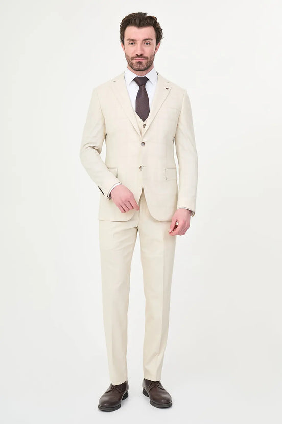 Men's Cream Off White Check Three-Piece Slim Fit Suit 