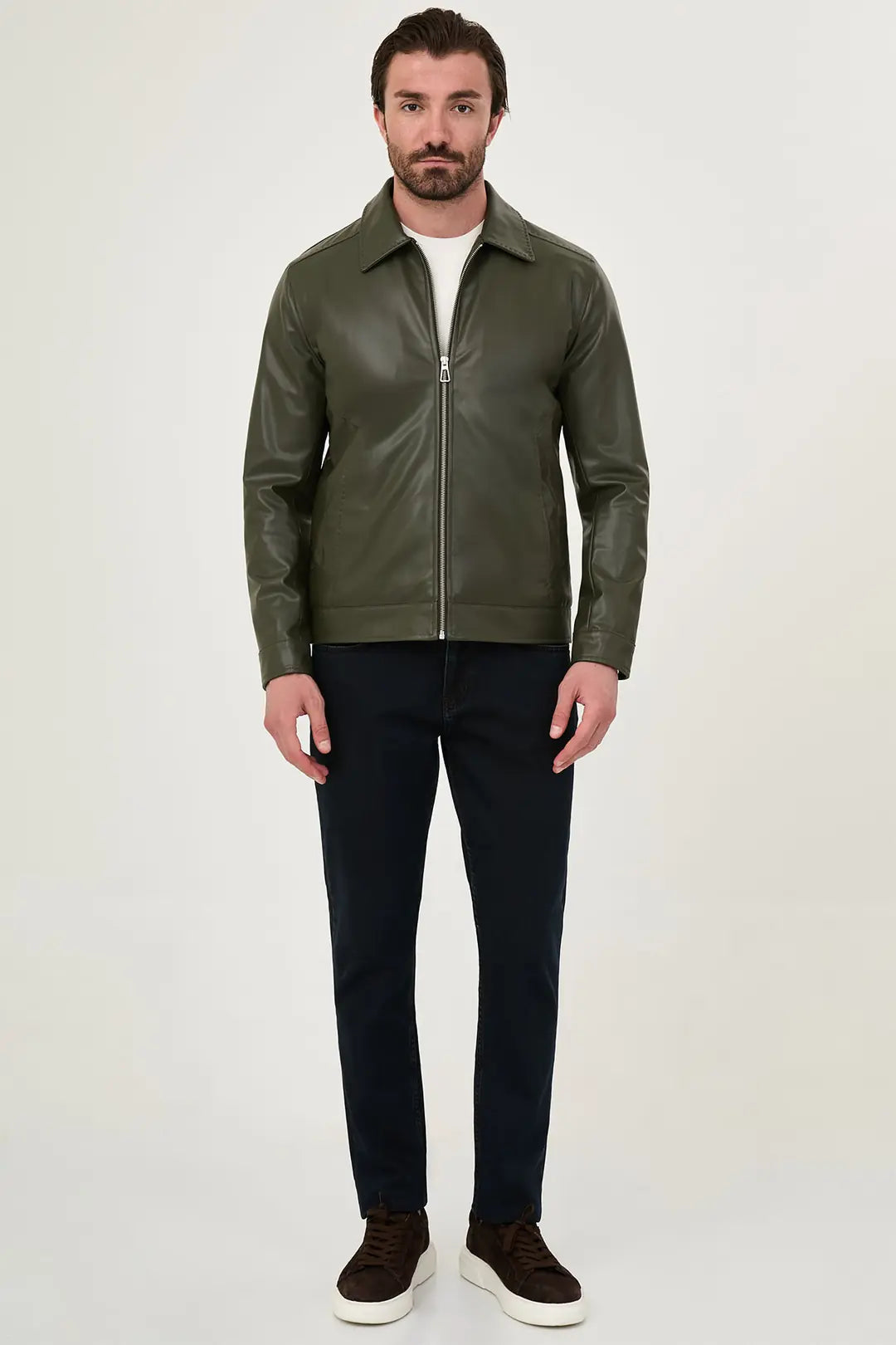 Men's Olive Green Faux Leather Jacket