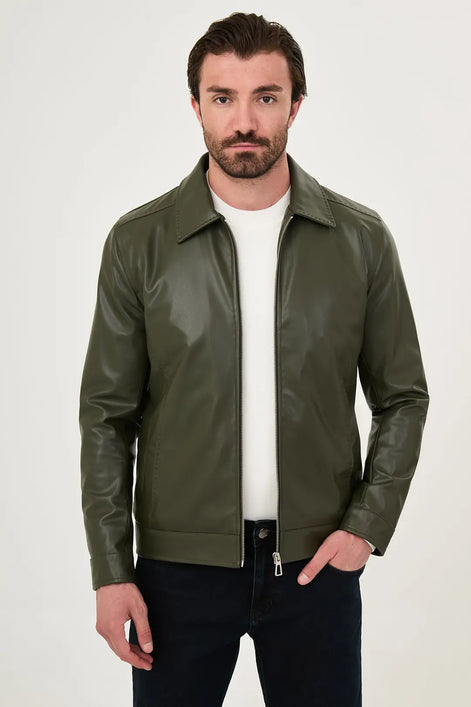 Men's Olive Green Faux Leather Jacket