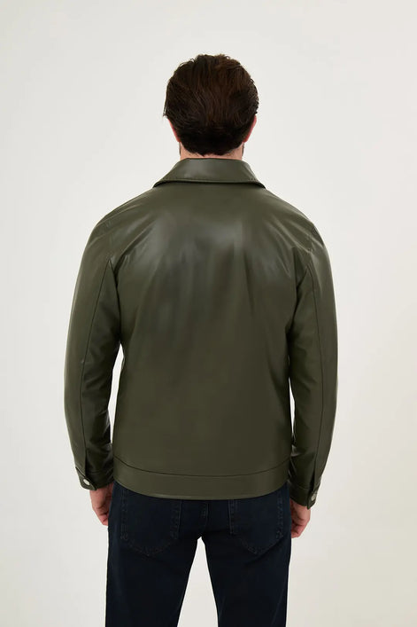 Men's Olive Green Faux Leather Jacket