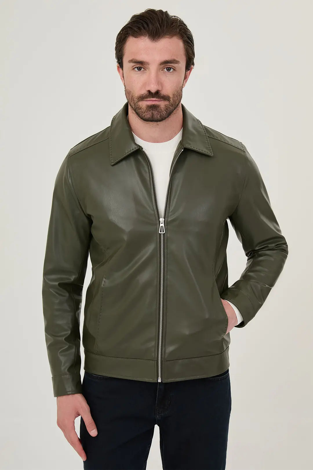 Men's Olive Green Faux Leather Jacket