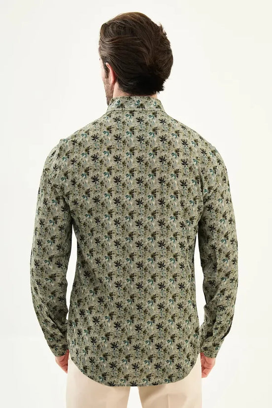 Men's Olive Green Slim Fit Floral Print Shirt