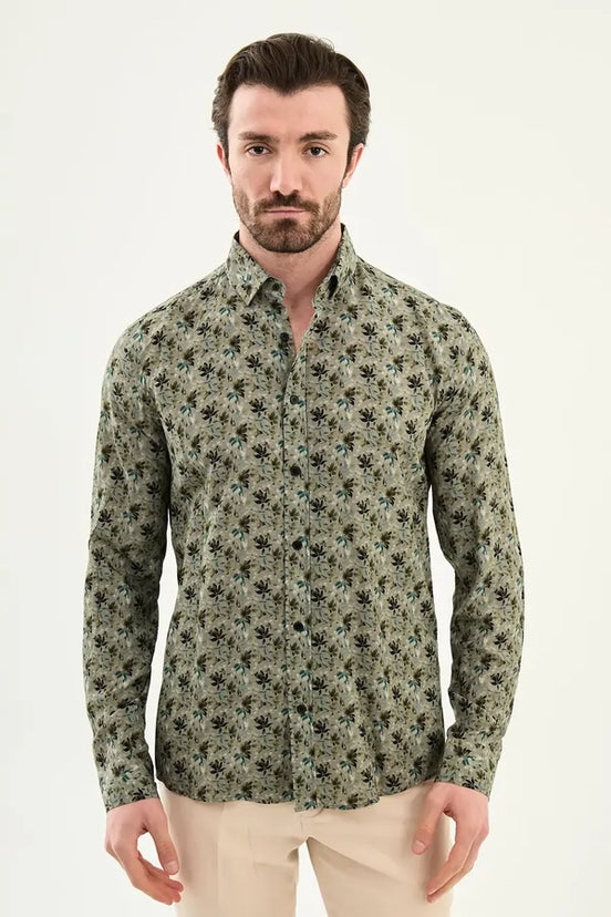 Men's Olive Green Slim Fit Floral Print Shirt