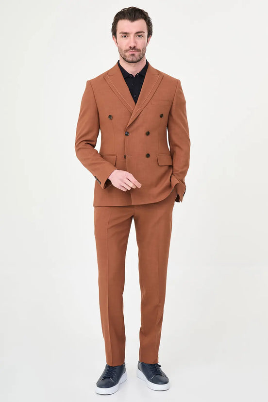 Men's Rust Brown Double-Breasted Slim Fit Suit