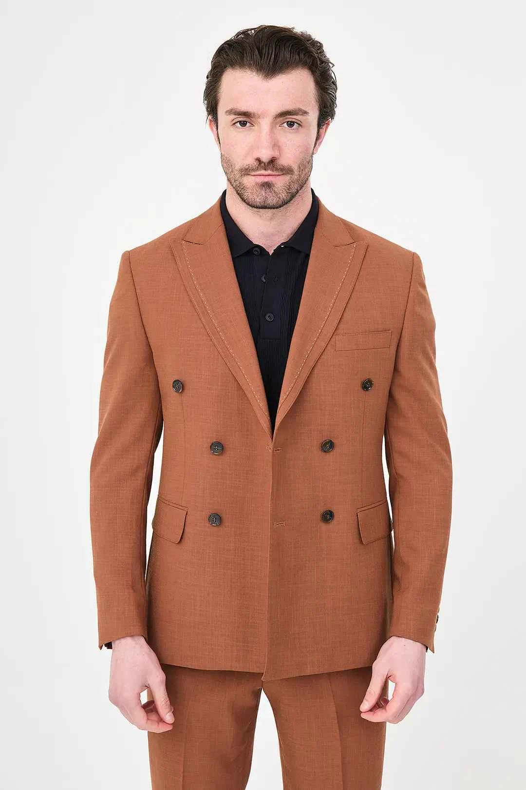 Men's Rust Brown Double-Breasted Slim Fit Suit