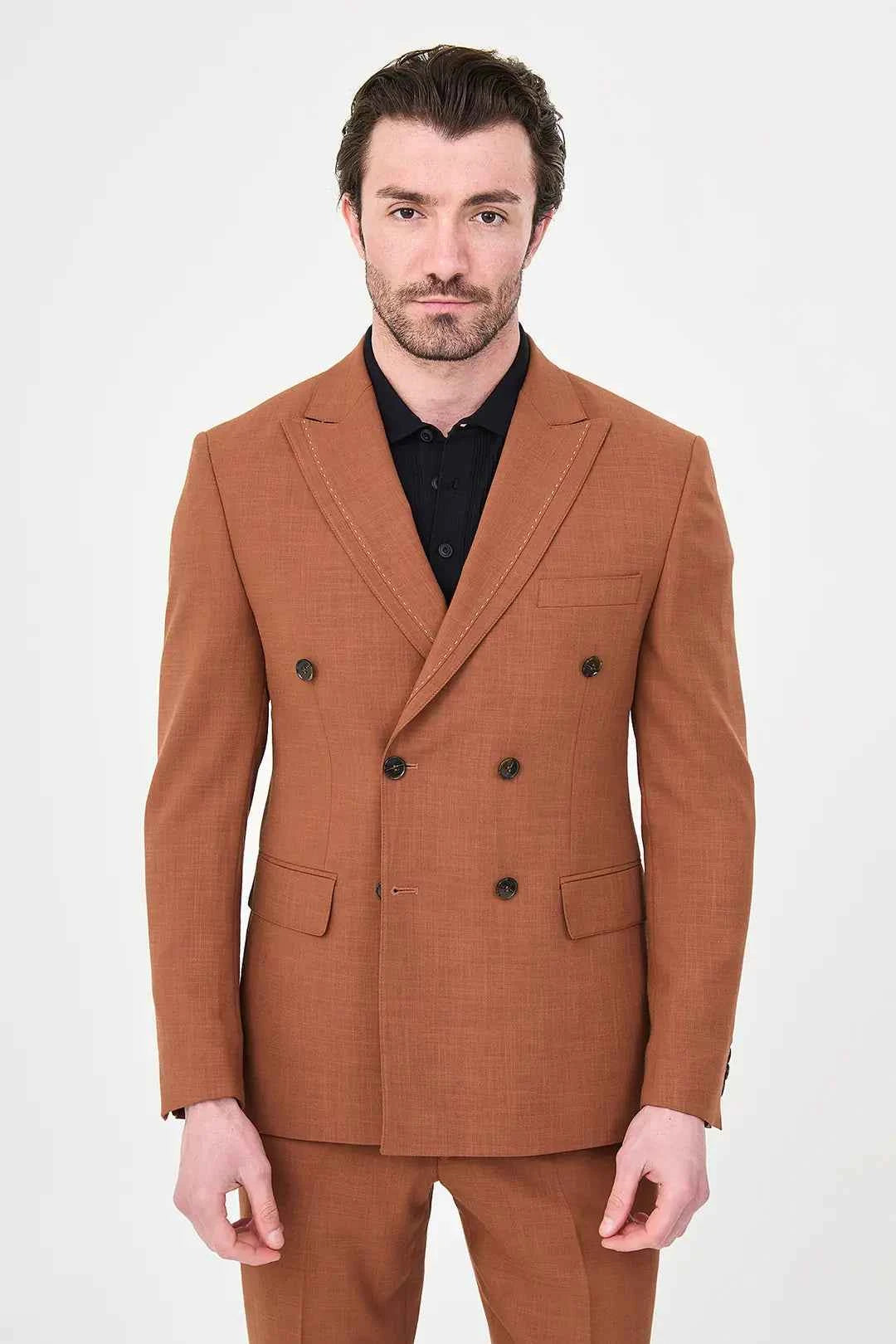 Men's Rust Brown Double-Breasted Slim Fit Suit