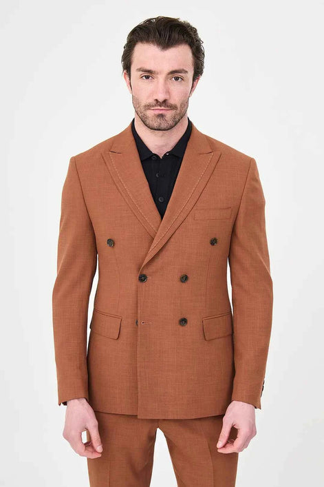 Men's Rust Brown Double-Breasted Slim Fit Suit