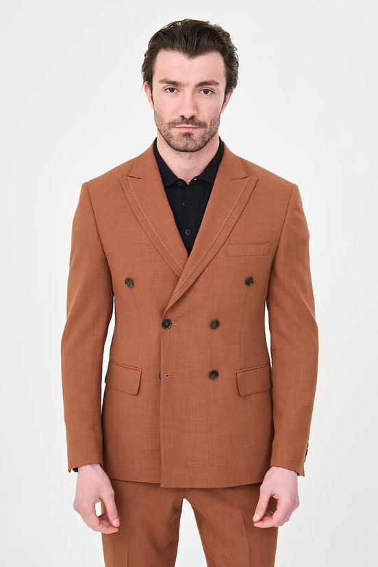 Men's Rust Brown Double-Breasted Slim Fit Suit