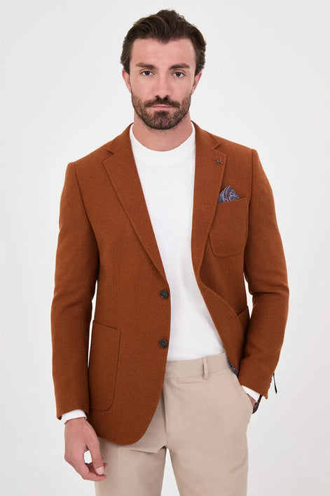 Men's Rust Wool Textured Blazer