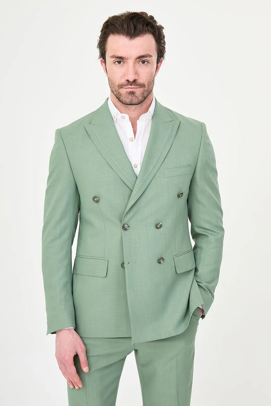 Men's Sage Green Double-Breasted Slim Fit Suit