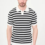Men's Black & White Horizontal Stripe Knit Polo Shirt