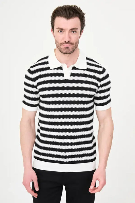 Men's Black & White Horizontal Stripe Knit Polo Shirt