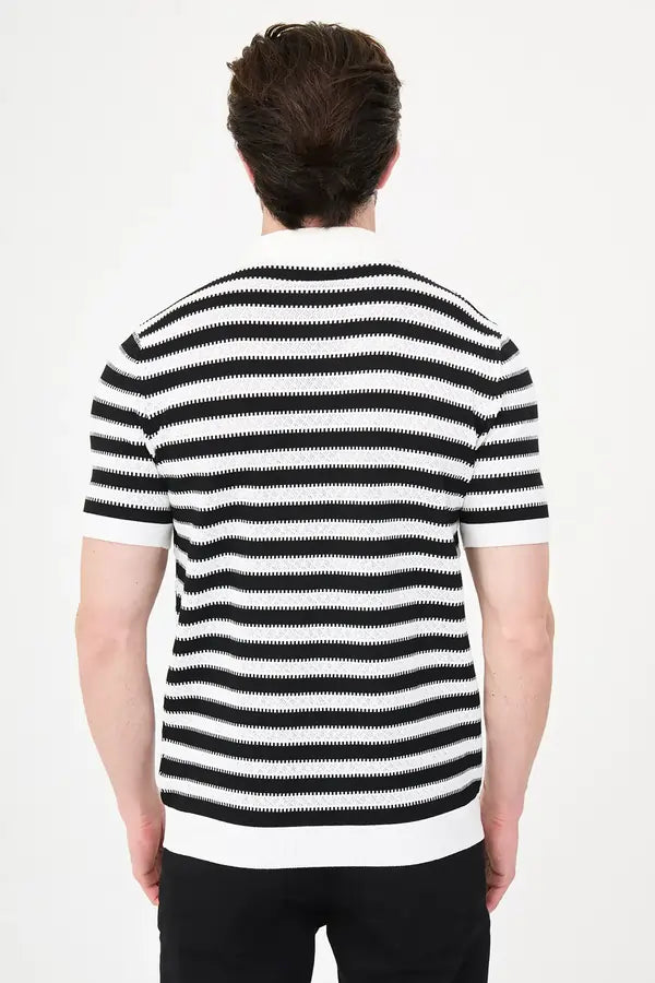 Men's Black & White Horizontal Stripe Knit Polo Shirt