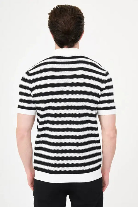 Men's Black & White Horizontal Stripe Knit Polo Shirt