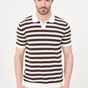 Men's Brown & White Horizontal Stripe Knit Polo Shirt