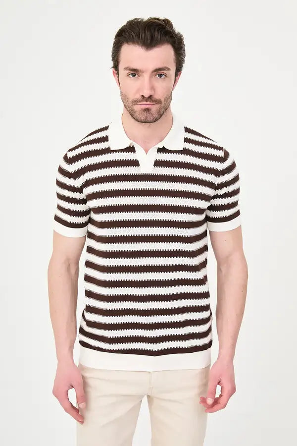 Men's Brown & White Horizontal Stripe Knit Polo Shirt