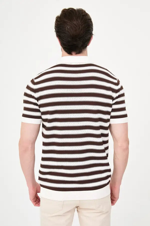 Men's Brown & White Horizontal Stripe Knit Polo Shirt