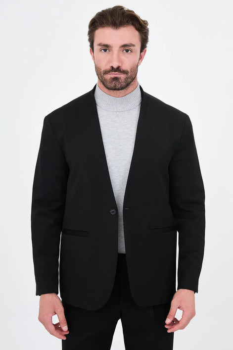Men's Collarless Black Suit