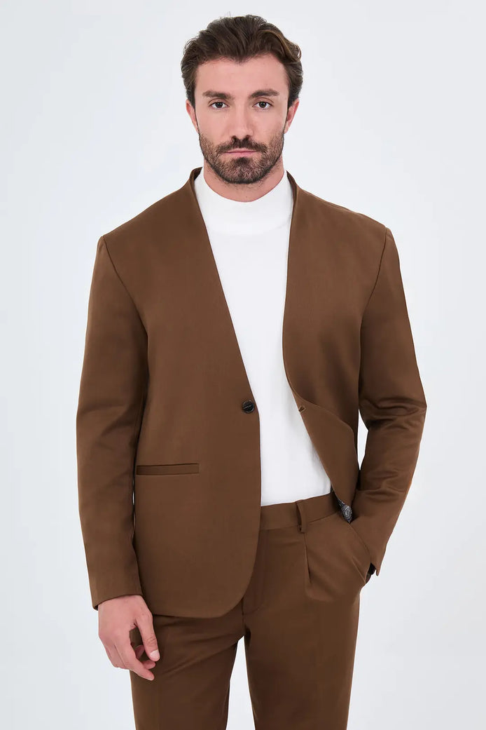 Men's Collarless Brown Suit