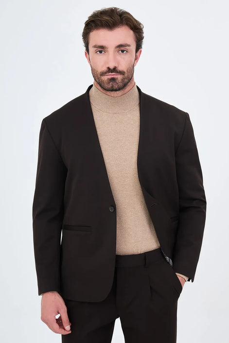 Men's Collarless Dark Brown Suit
