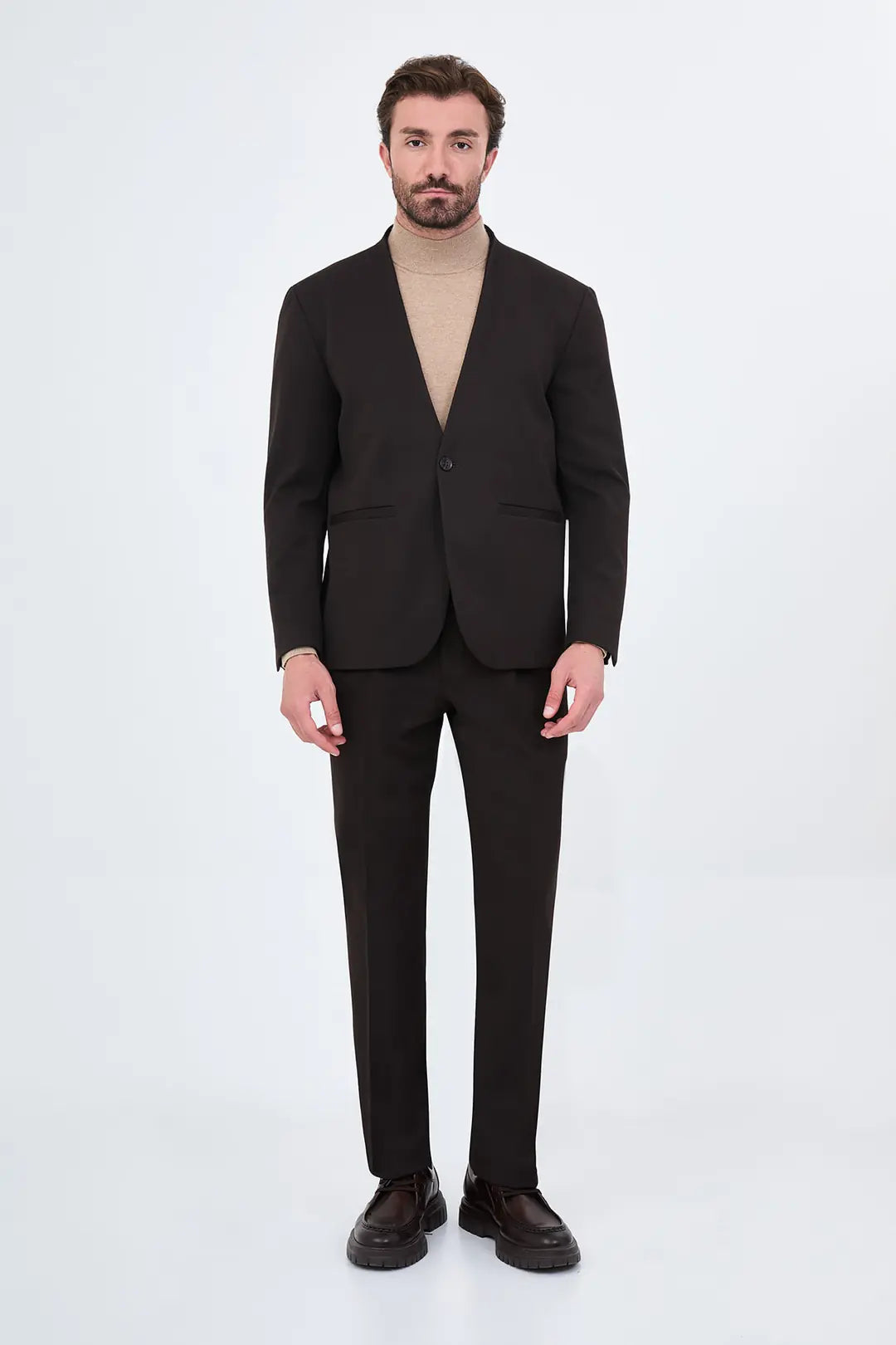 Men's Collarless Dark Brown Suit