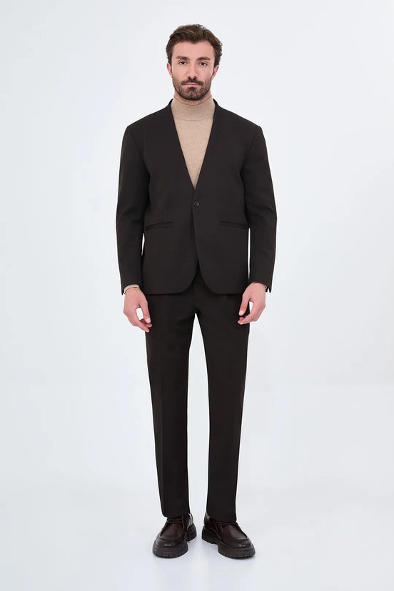 Men's Collarless Dark Brown Suit