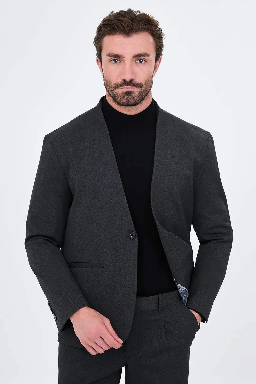Men's Collarless Gray Suit
