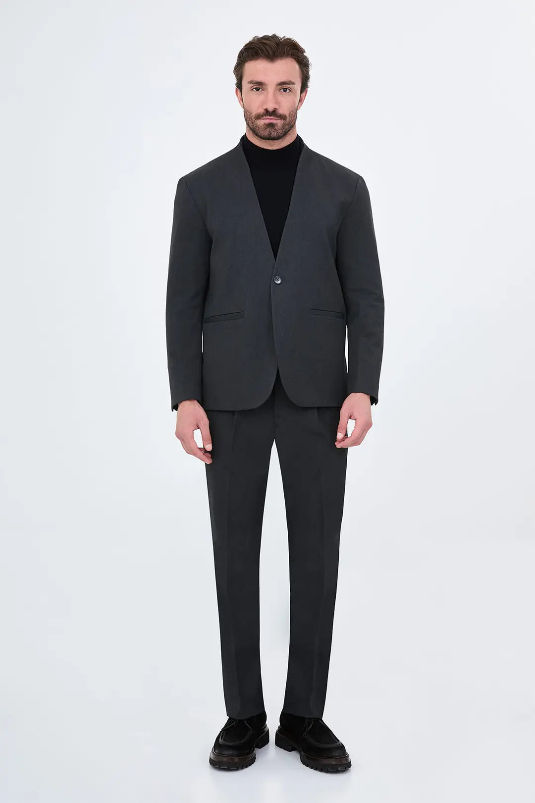 Men's Collarless Gray Suit