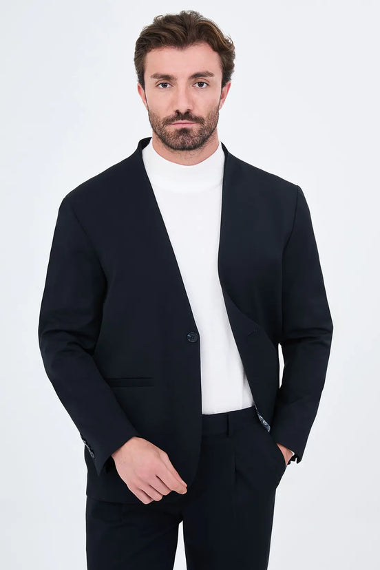 Men's Collarless Navy Blue Suit