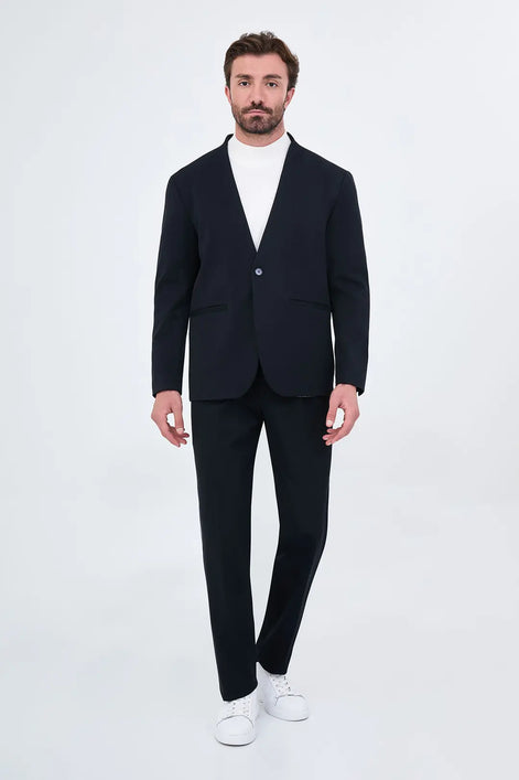 Men's Collarless Navy Blue Suit