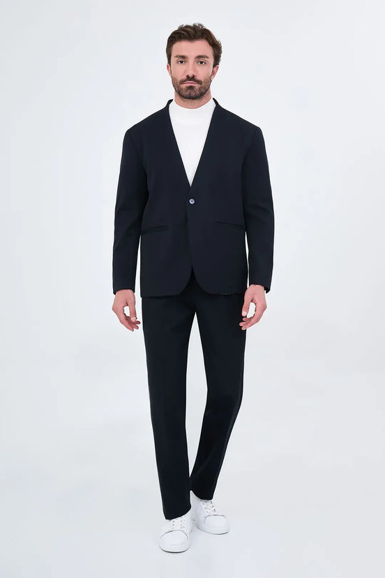 Men's Collarless Navy Blue Suit