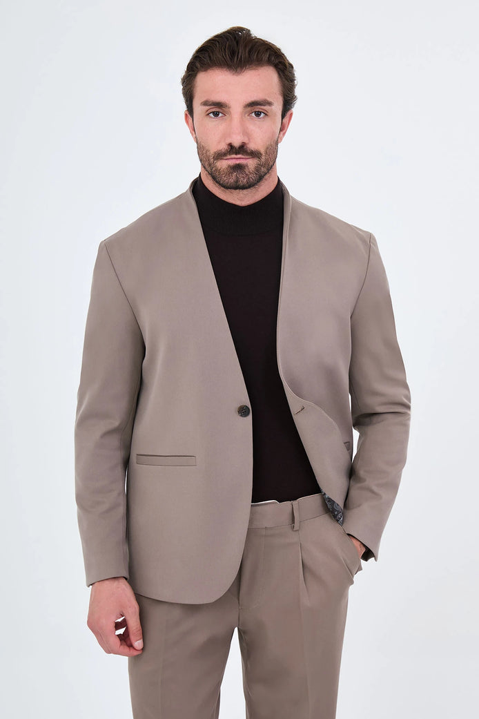 Men's Collarless Taupe Suit