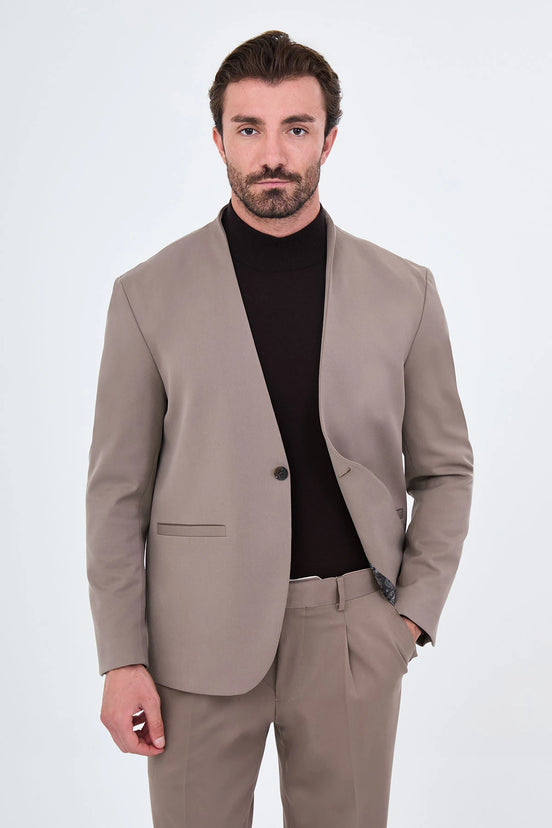 Men's Collarless Taupe Suit