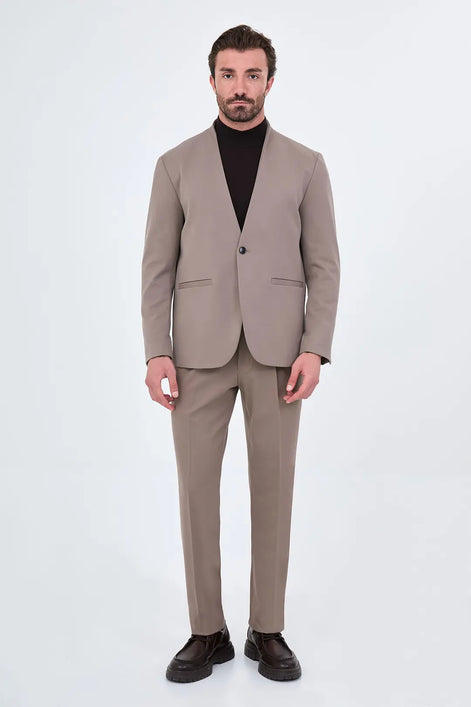 Men's Collarless Taupe Suit