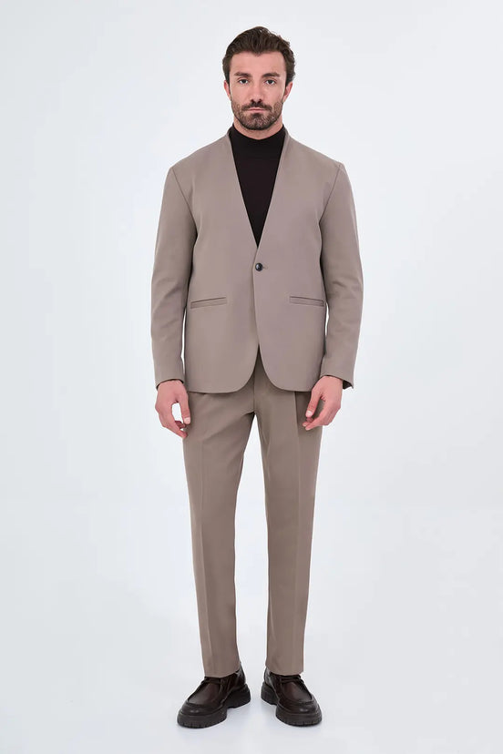 Men's Collarless Taupe Suit
